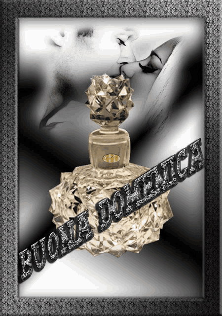 a picture of a bottle of perfume with the words buona domenica written on it