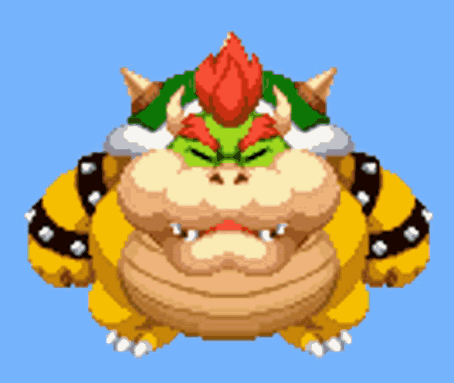 a pixel art drawing of bowser with his mouth open and his eyes closed