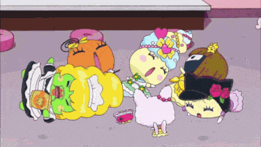 a group of cartoon characters laying on the floor with one wearing a maid outfit