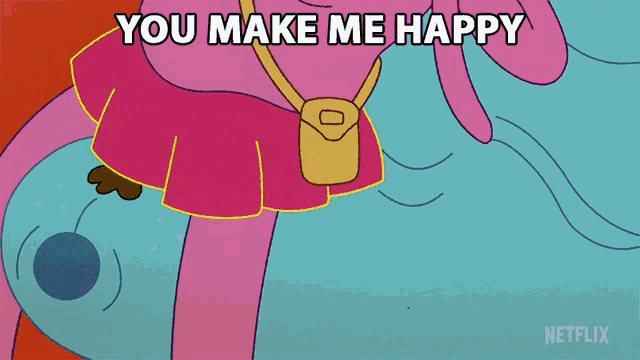 a cartoon says " you make me happy " on a red background