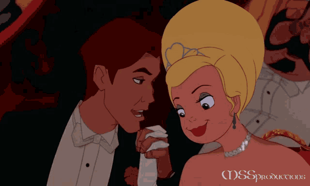 a cartoon of a man and a woman with mss productions written on the bottom right