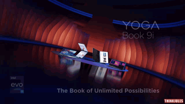 an advertisement for the yoga book 9i shows various laptops on a table