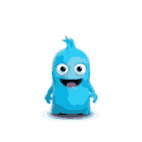 a blue cartoon character with big eyes and a pink tongue .