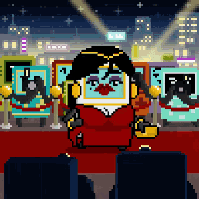 a pixel art drawing of a woman wearing headphones