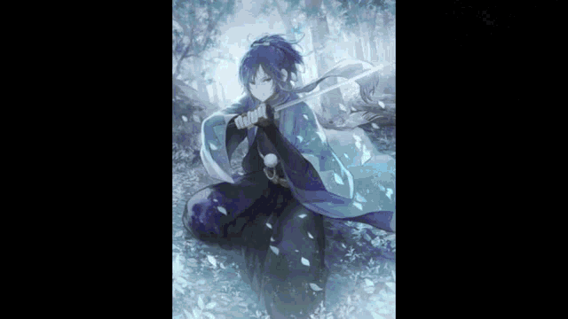 a boy in a blue kimono is holding a sword .