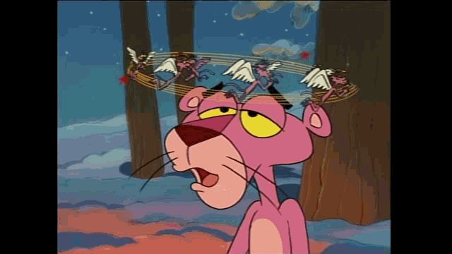 a pink panther is surrounded by angels in a cartoon scene