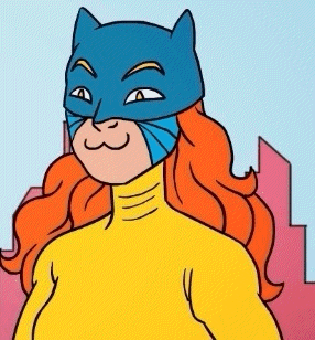 a cartoon of a woman wearing a cat mask and a yellow top