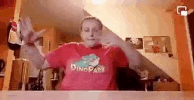 a woman wearing a red shirt with a dinosaur on it is waving at the camera .