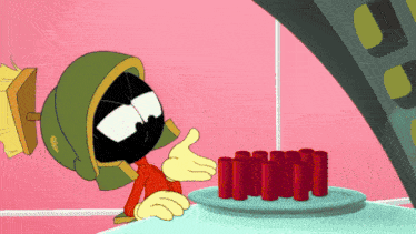 marvin the martian is giving a thumbs up while looking at a plate of red tubes