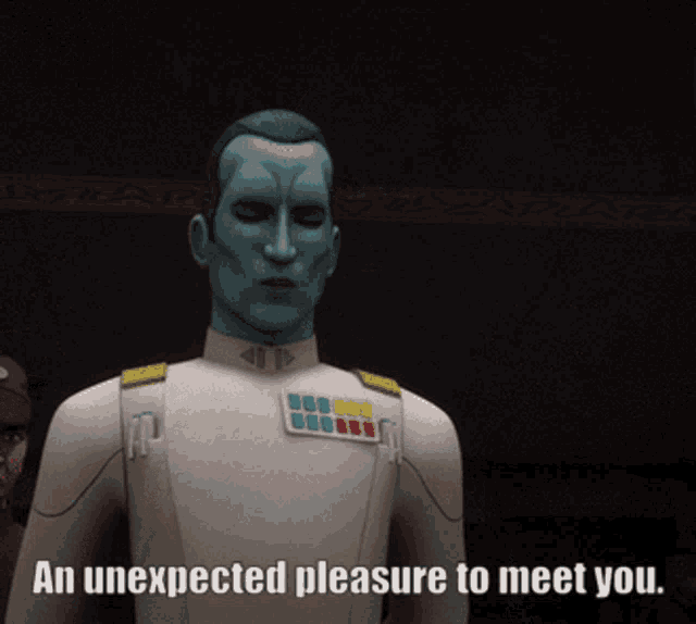 an unexpected pleasure to meet you is written below a man