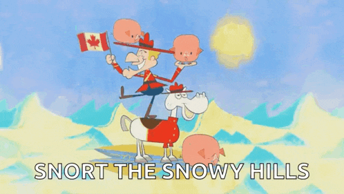 a cartoon of a man riding on the back of a horse holding a canadian flag and two pigs .
