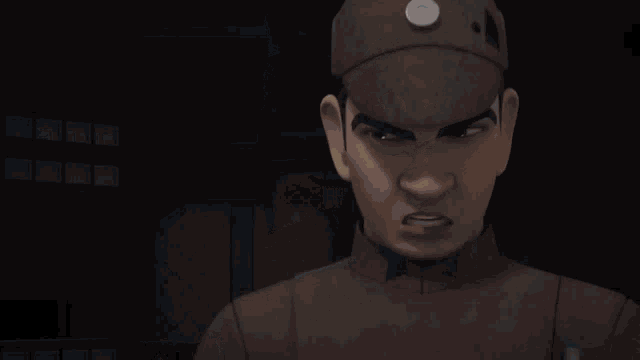 a cartoon character with blue skin and red eyes looks angry