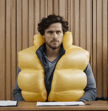 a man wearing a yellow vest is sitting at a table