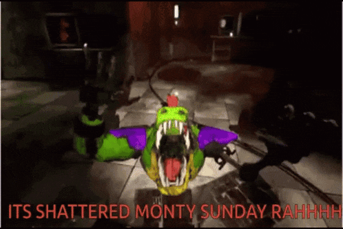 a green monster with purple wings says its shattered monty sunday rahhh