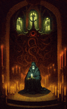 a painting of a man holding a candle in a church