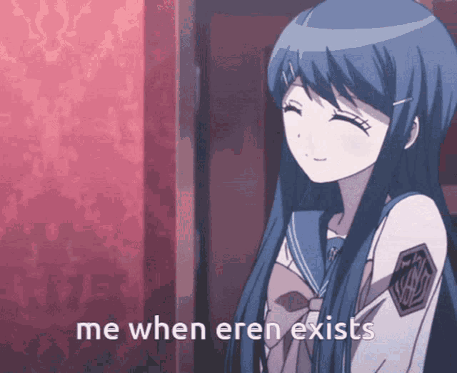 a girl with long blue hair is smiling with the words me when eren exists below her