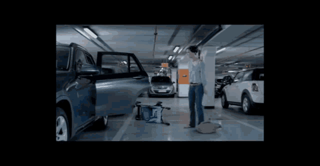 a woman in a parking garage with the words louer une belle voiture ca fait du bien on the bottom