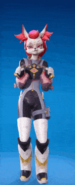 a cartoon character with red hair is standing in front of a blue backdrop