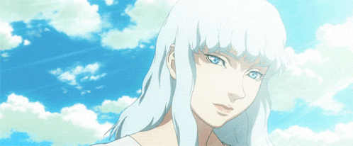 a woman with white hair and blue eyes stands in front of a cloudy sky
