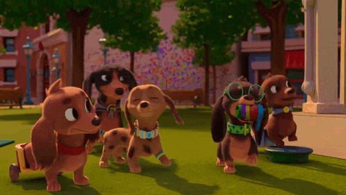 a group of cartoon dachshunds in a park