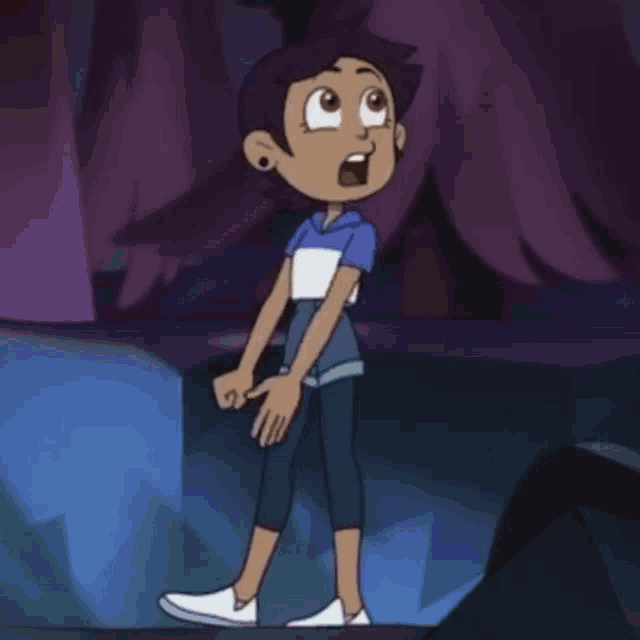 luz from the owl house is standing on a rock wearing shorts and a crop top .
