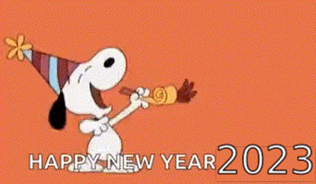 snoopy is wearing a party hat and blowing a party horn while wishing a happy new year .