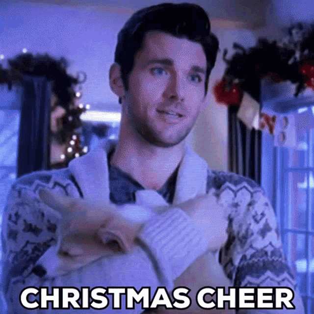 a man in a sweater is holding a cat in his arms and saying christmas cheer .