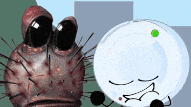 a cartoon drawing of a monster and a white object with a green light