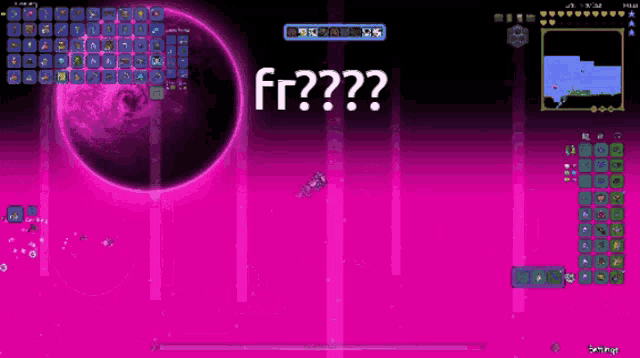 a screenshot of a video game with a purple planet in the background and the words fr??