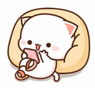 a cartoon cat is sitting on a pillow holding a cell phone in its mouth .