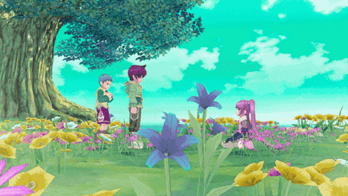 a video game scene with three characters standing in a field of flowers