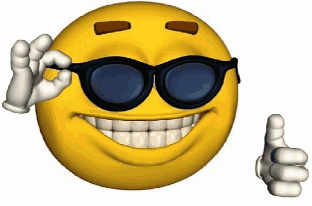 a cartoon smiley face wearing sunglasses and giving a thumbs up