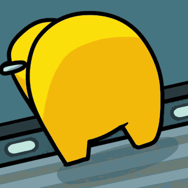 a cartoon drawing of a yellow among us character standing on a conveyor belt