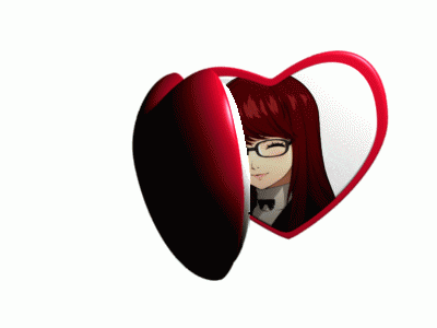 a pair of heart shaped glasses with two anime girls in them