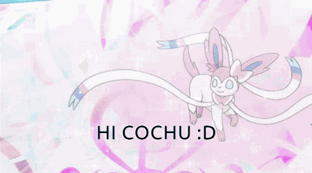 a cartoon of a pink and white animal with the words hi cochu d below it