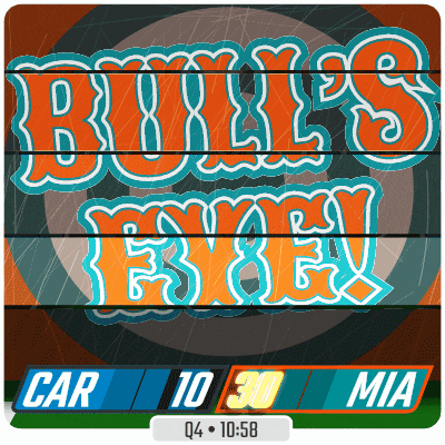a sign that says ' bull 's eye ' on it in orange and blue