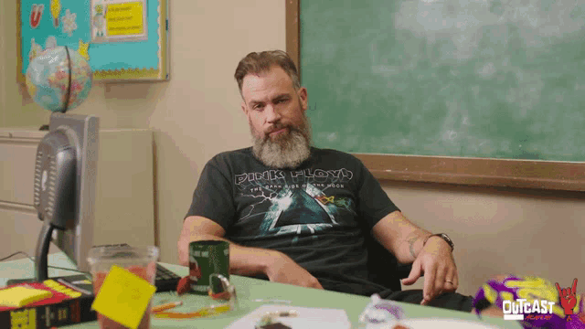 a man with a beard wearing a pink floyd shirt