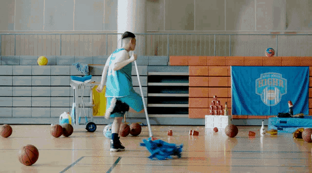 a basketball court with a banner that says right on it