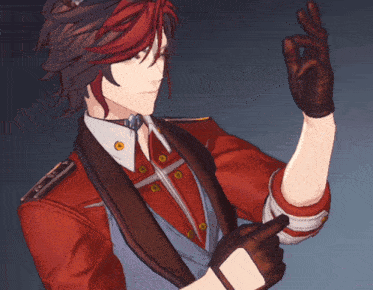 a man with red hair is wearing black gloves and a red jacket