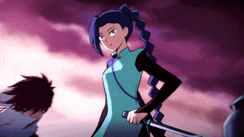 a cartoon character holding a sword with a purple background