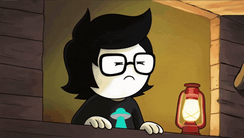 a cartoon character wearing glasses and a mushroom shirt