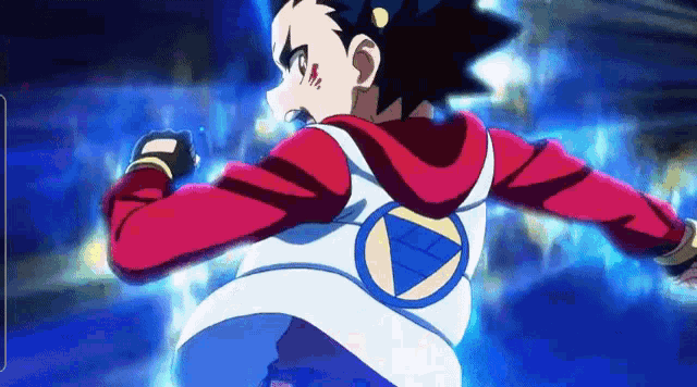 a boy in a red and white jacket with a blue triangle on the back is running in a blue background .