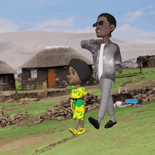 a cartoon of a man and a child walking in a field