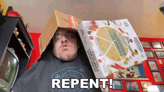 a man is holding a box of cauliflower potato crisps and the word repent is on the bottom