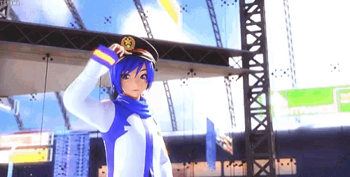 a blue haired anime character wearing a hat and scarf is standing in front of a building .