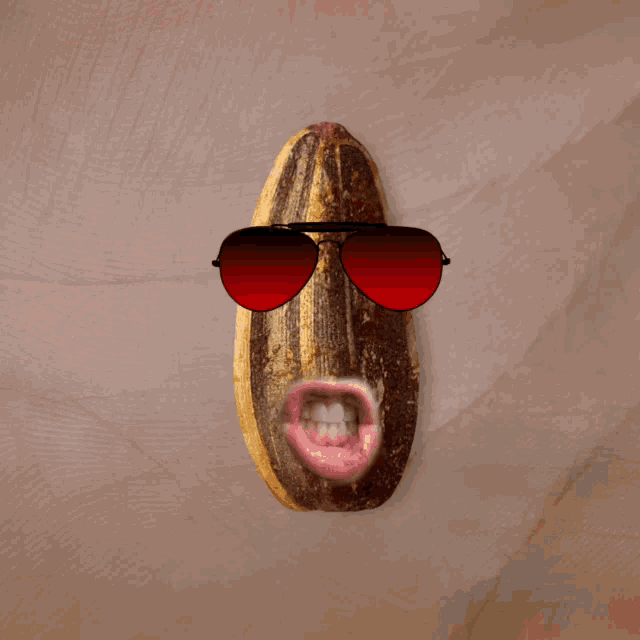 a sunflower seed wearing red sunglasses and a kissing mouth