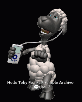 a cartoon of a sheep holding an ipod with the words hello toby fox flp sample archive #chat-2 below it