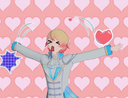 a cartoon character with a star on his head is surrounded by pink hearts