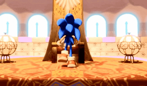 sonic the hedgehog is sitting on a throne in front of a large clock