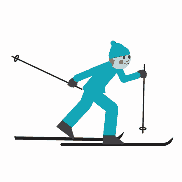 a cartoon drawing of a person skiing with a blue shirt and green pants